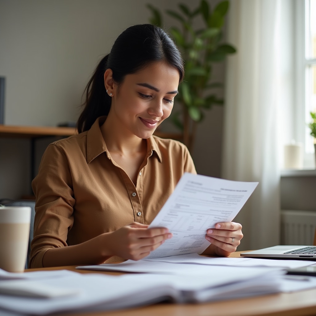 Mexican program beneficiary carefully reviewing organized support documents and receipts at a home office desk