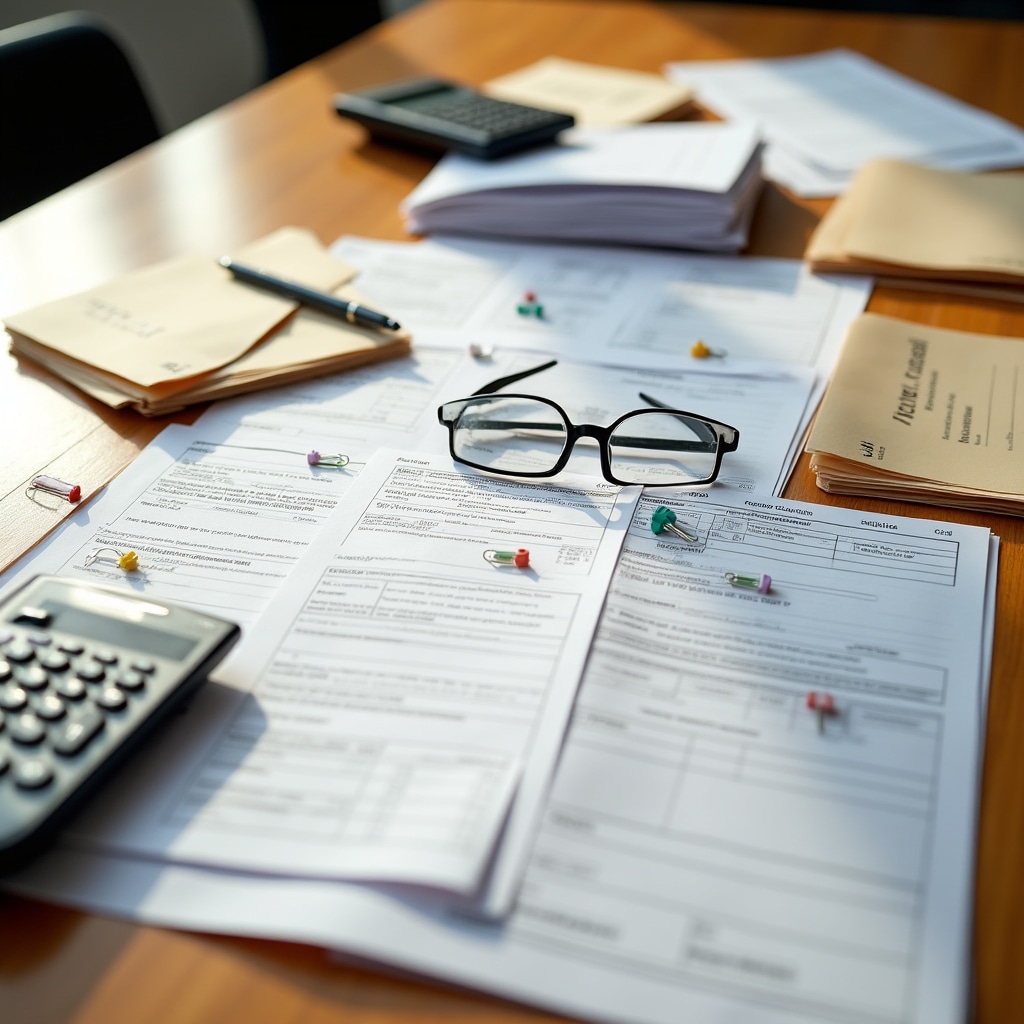 Neatly organized government support documents, receipts, and forms arranged on a wooden desk