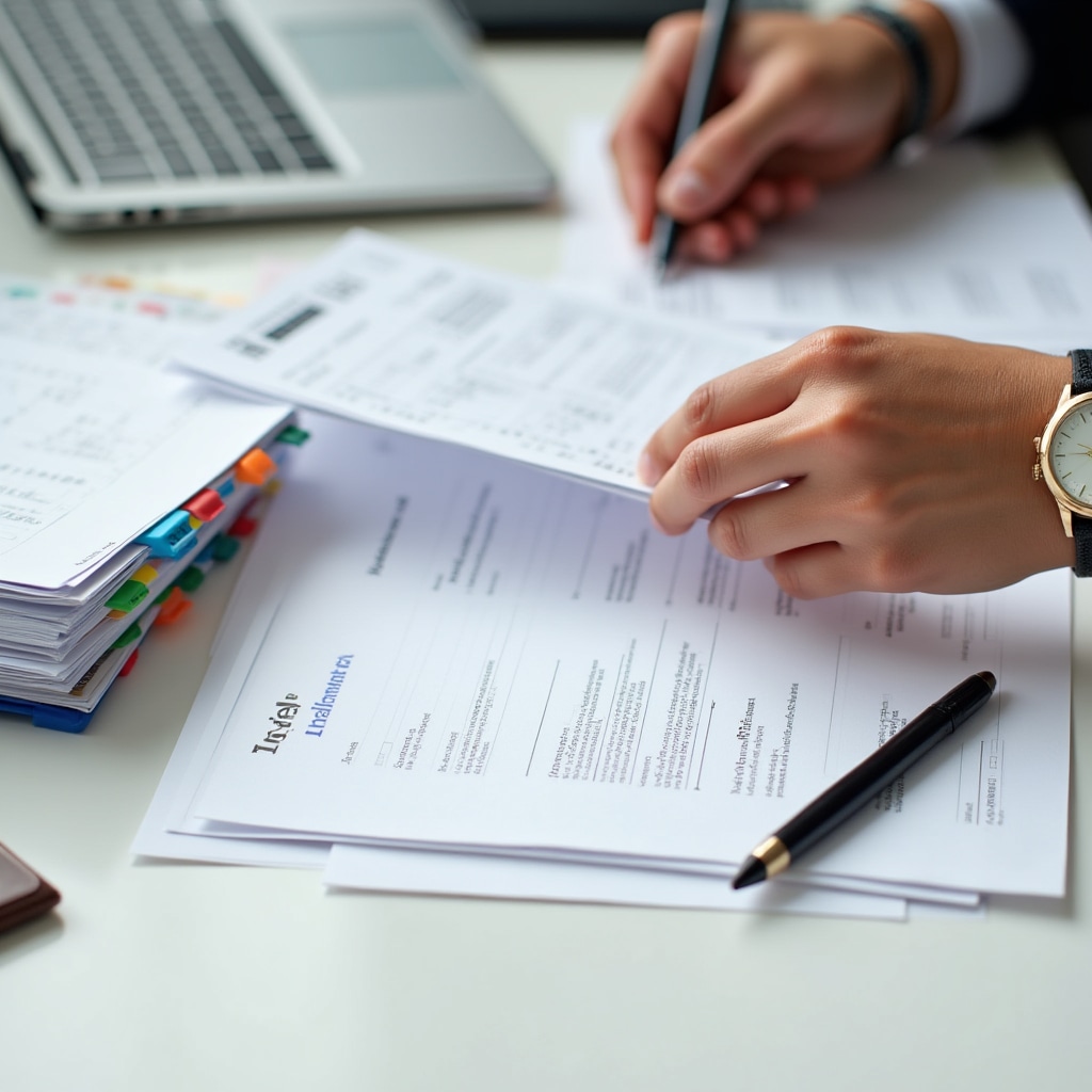 Professional document organization specialist carefully reviewing and sorting government program paperwork at a clean organized workspace